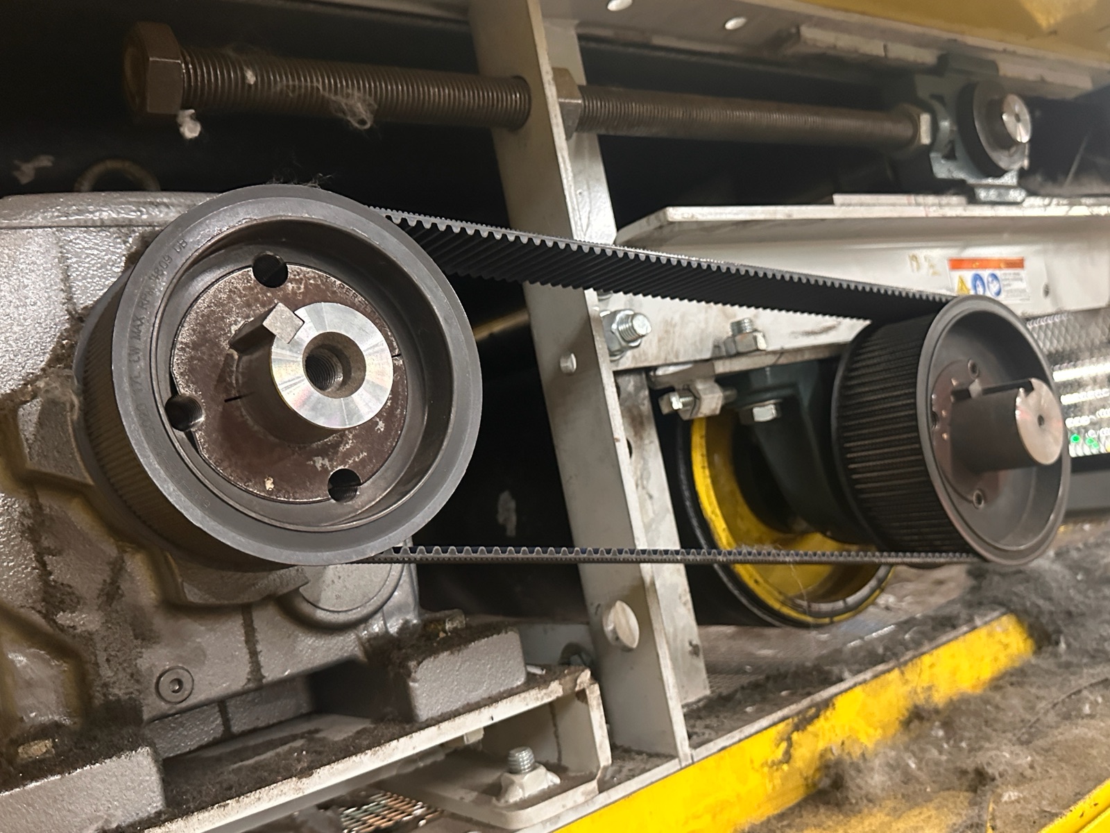 Gearbox sheave with new timing belt and taper-lock bushing